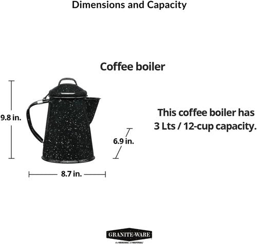 Granite Ware Coffee Boiler, 3-Quart - Stovetop or Campfire Coffee Pot, Durable Enameled Steel for Rapid Heat Absorption, Energy Efficient Design for Outdoor Adventures (Speckled Black)