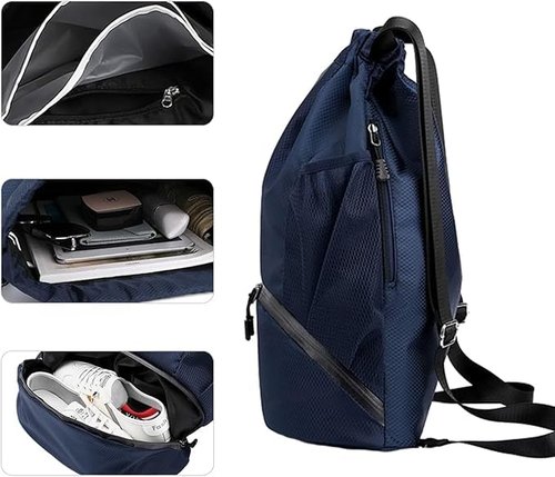 Ci Wigo Drawstring Backpack String Gym Basketball Bag Napsack Workout Track Bag with Dry Wet Separation Pocket and Shoes Compartment(Navy Blue)