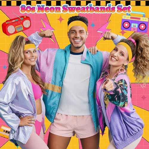Neon Sweatbands Set, 80s Headband and Wristband Sweatbands for Women Men, Wicking Bands for Sports, Party Costume Accessories
