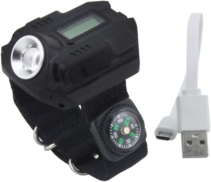 Super Bright Wrist LED Light R5 Rechargeable Waterproof LED Flashlight Wristlight Watch with Compass, Best for Running Mountain Climbing Camping Survival Hiking Hunting Patrol