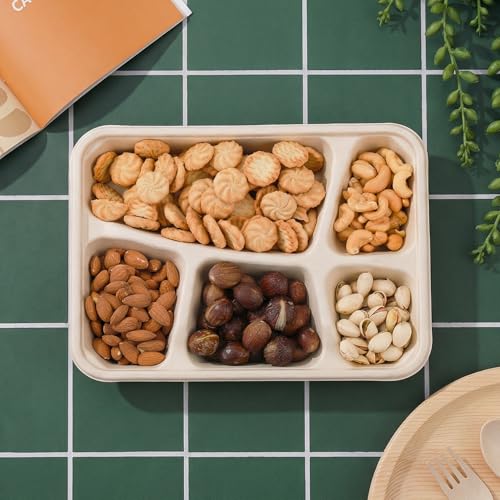 50 Pack 5-Compartment Disposable Paper Plates - Compostable Lunch Trays for Parties & Picnics
