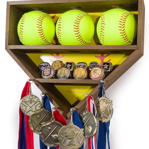 Wooden Softball Display Case Wall Mount for Medals & Rings - Collection Holder