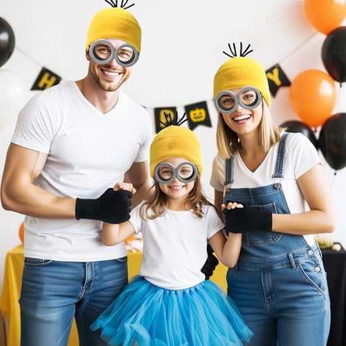3 Pcs Halloween Costumes Accessories Adult Yellow Beanie Goggles Hat Gloves for Kids Family Funny Cosplay Party Gift