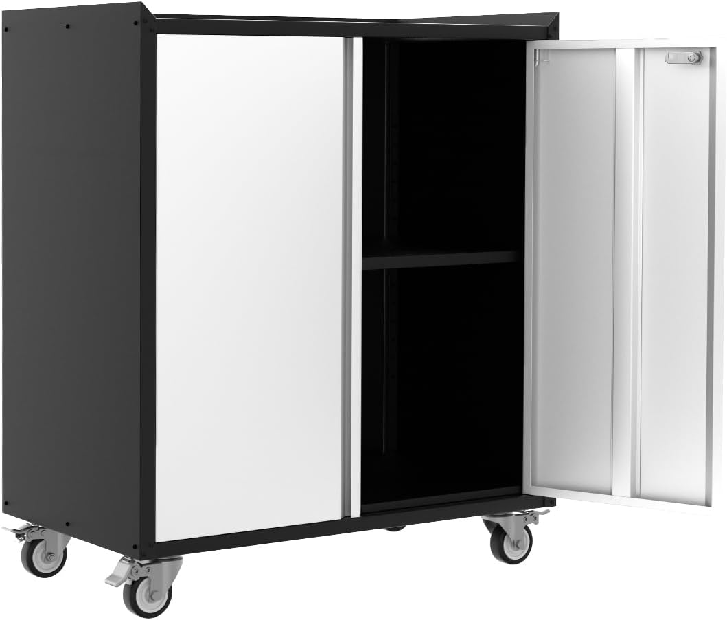 Heavy Duty Garage Storage Cabinet with Wheels, Rolling Tool Cabinet with Adjustable Shelf & Lockable Doors, Rust Resistant Tool Cart for Home Office Workshop, Grey