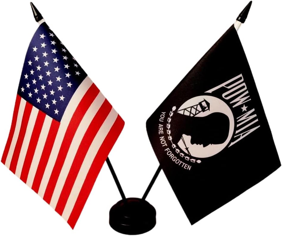 America & Pow Mia Twin Desk Flag, U.S. Pow Mia and American Table Flag, 8 x 5 Inches - You are Not Forgotten Prisoner of War Flags Army Military Pow Flags