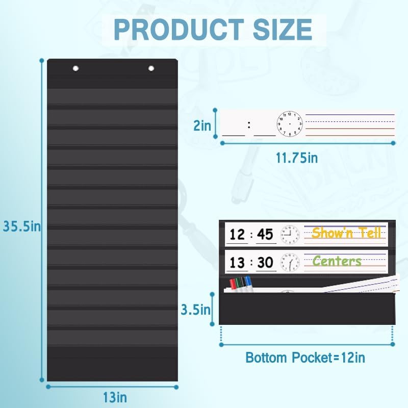 TOGETRUE Classroom Schedule Pocket Chart, Double Sided Daily Schedule with 18 Erasable Cards, 13+1 Pockets, Visual Pocket Chart for Classroom, Home, Office, 35.5" X 13"