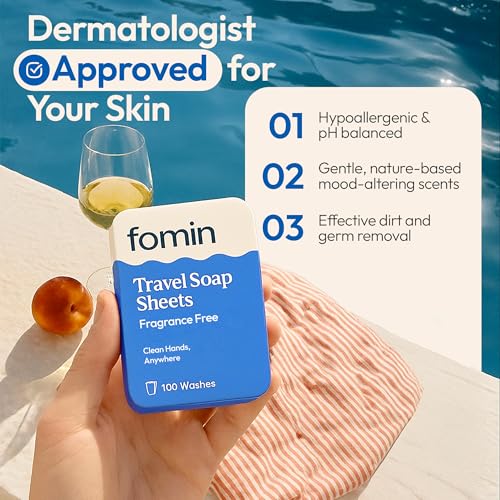 FOMIN - Antibacterial Paper Soap Sheets Tin for Traveling - (100 Sheets) Fragrance Free Portable Travel Hand Soap Sheet, Dissolvable Mini Camping Hand Soap for Hand Washing