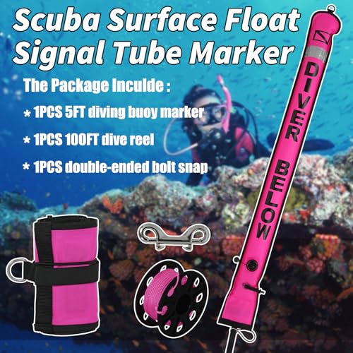 Pink 5ft Surface Marker Buoy Set with Reflective Strip and 100ft Reel for Diving