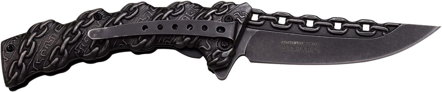 Tac-Force- Folding Pocket Knife –Stonewashed Finish Stainless Steel Blade and Handle with Sculpted Chain Link Design, Includes Pocket Clip, Tactical, EDC, Rescue - TF-859