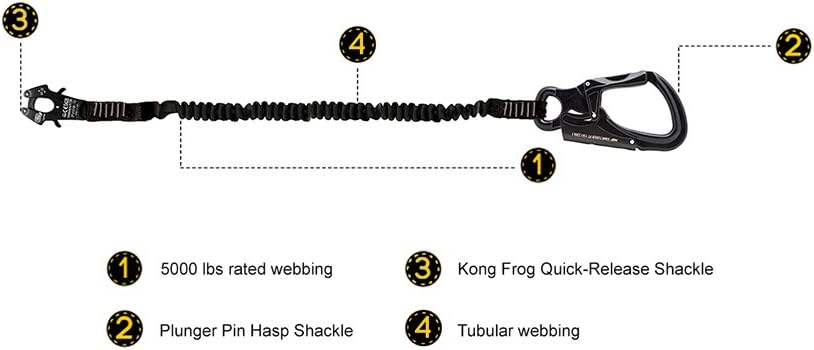 Fusion Tactical ProGlide Military and Police Helo Lanyard - 6ft Elastic Bungee with Kong Frog Shackle Snap Hook, 23kN - Black, 72 inches