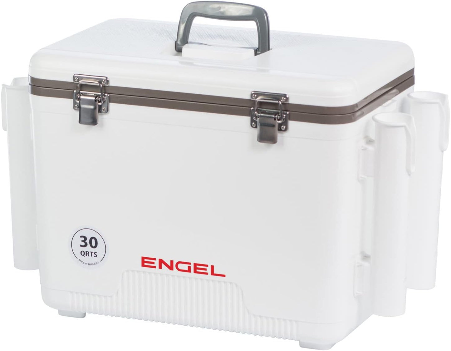 Engel UC30 30qt Leak-Proof, Air Tight, Fishing Drybox Cooler with Built-in Fishing Rod Holders, Also Makes The Perfect Hard Shell Lunchbox for Men and Women in White