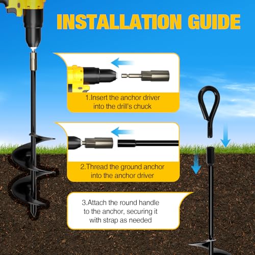 Heavy Duty Ground Anchors Screw-In 18 Inch - Black Round Head, 8 Pack with Straps