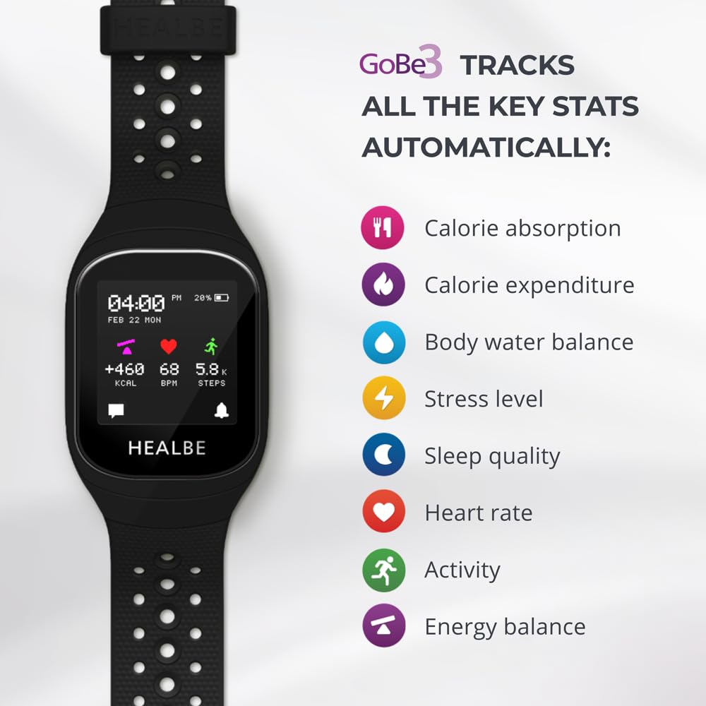 HEALBE GoBe3 - Wearable Health, Fitness and Activity Tracker with Automatic Tracking of Calorie Intake and Burning, Water Balance, Heart Rate, Sleep, neuroactivity, and Stress, with Free app, Obsidian
