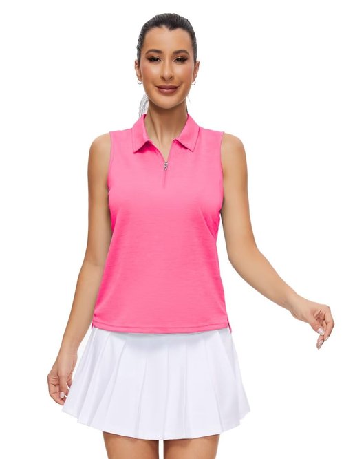 Pdbokew Women's Polo Shirts Quarter-Zip Golf Shirts Sleeveless Tops Hot Pink Large