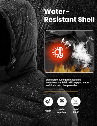 Men's Lightweight Puffer Jacket with Detachable Hood Water-Resistant Winter Coat - 4X-Large Black