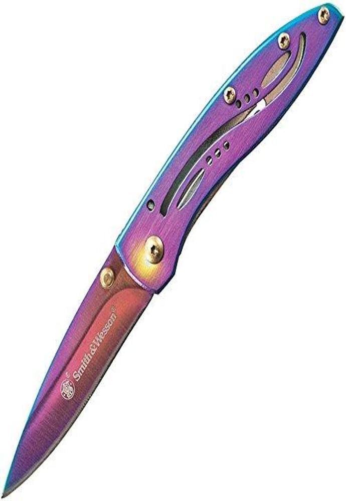 Smith & Wesson CKLPR 5.3in High Carbon S.S. Folding Knife with a 2.3in Drop Point Blade and Rainbow Handle for Outdoor, Tactical, Survival and EDC