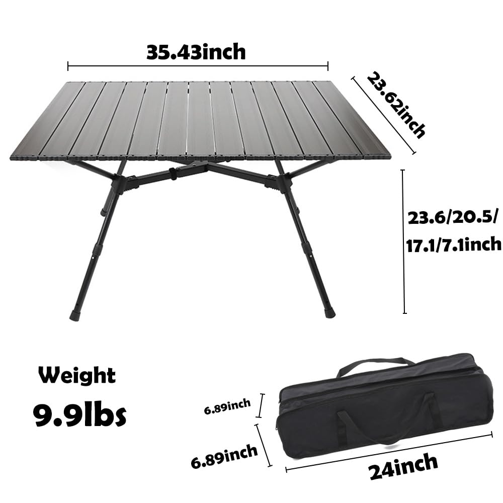 Height Adjustable Folding Camping Table Outdoor Lightweight Aluminum Tables of 4 Positions Ultralight Aluminum Frame Compact with Carry Bag for Camp, Beach, Picnic