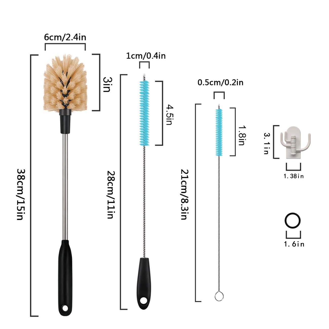 3 in 1 Long Handle Water Bottle Brush - Water Bottle Cleaning Brush Accessory - Flexible Scrubbing Brush for Water Bottles, Straws, Glassware - Includes Storage Ring and Hook, Dishwasher Safe Reusable