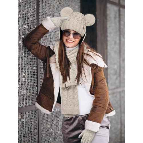 Aneco Winter Beanie Hat Scarf Gloves Ear Warmer Set for Women Fleece Lined Pom Pom Beanie Touchscreen Gloves 4 in 1 Set