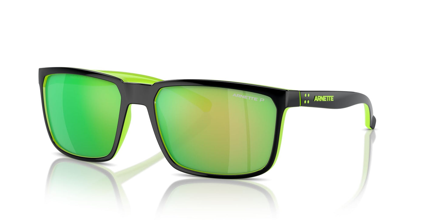 Arnette Men's AN4251 Stripe Rectangular Sunglasses, Black/Fluorescent Green/Dark Grey Mirrored Green Polarized, 58 mm