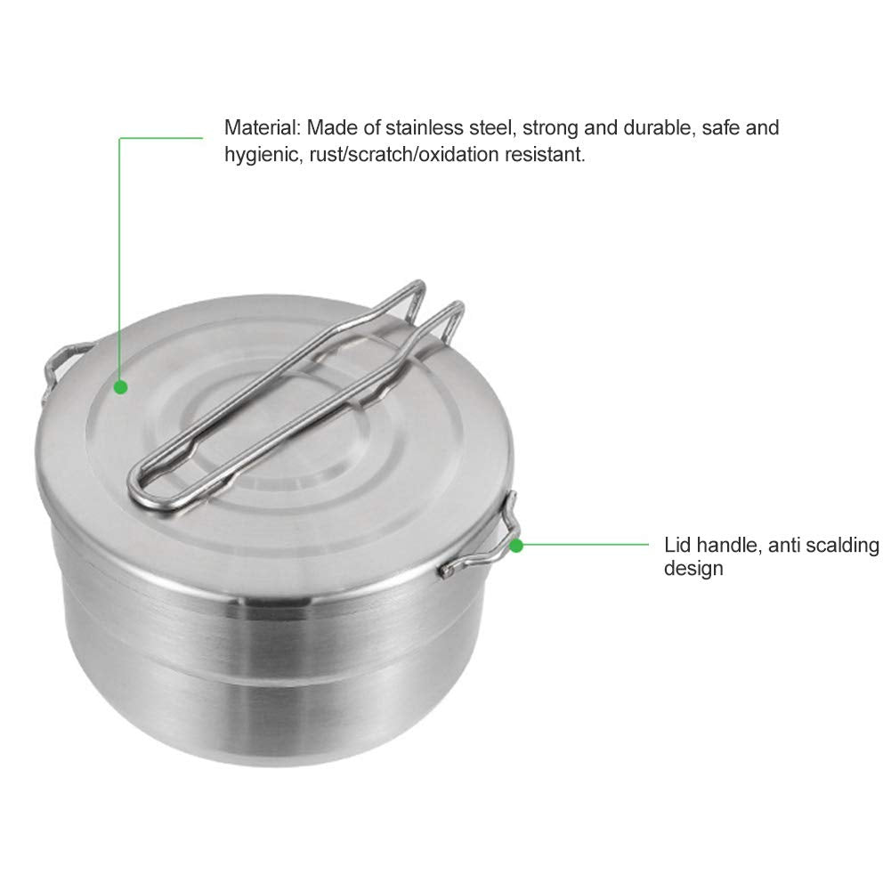EKDJKK Stainless Steel Camping Cook Pot, 1.5L Camping Cookware with Lid and Folding Handle, Large Capacity Bento Pot for Outdoor Backpacking Camping Hiking Picnic