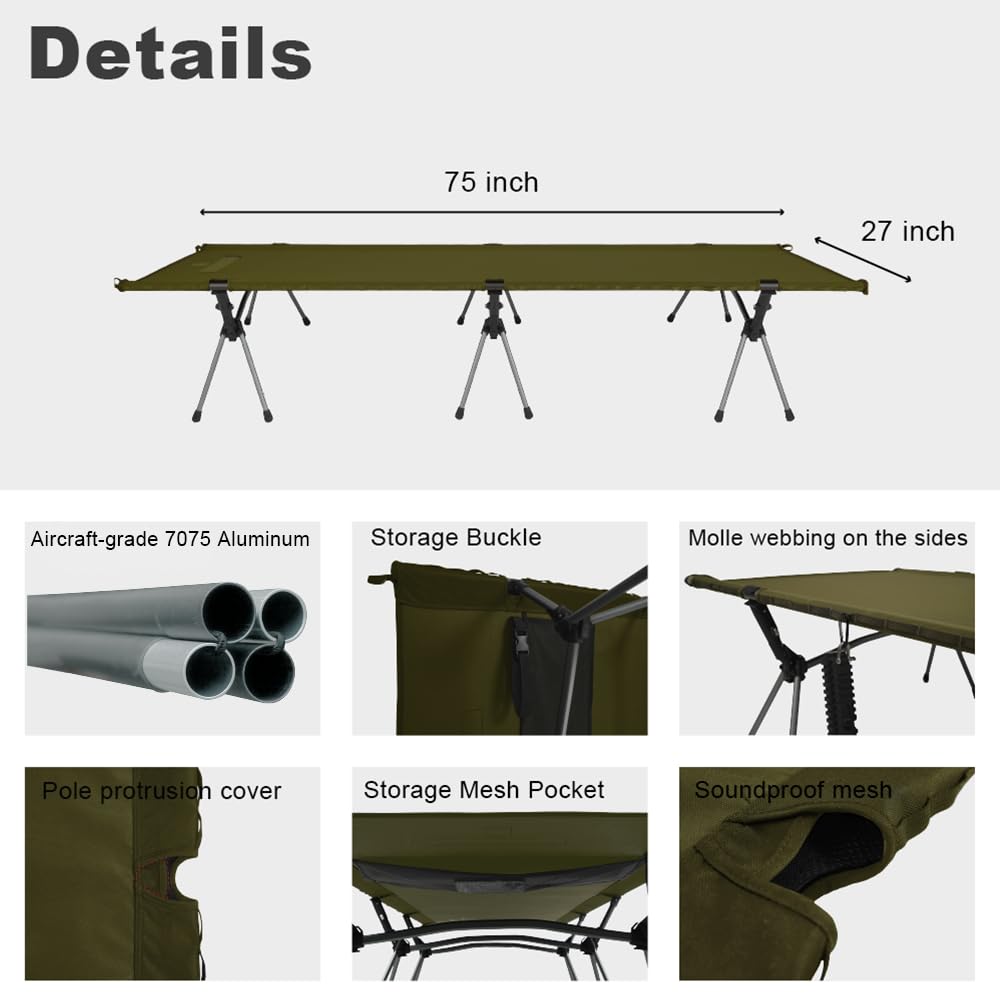 2-in-1 Portable Camping Cot for Adults, Upgrade 1000D Oxford Sturdy Ultralight Height Adjustable Backpacking Cot, Military Camping Bed for Outdoor Camp Travel Hiking Home, Support 330 Lbs (Green, M)