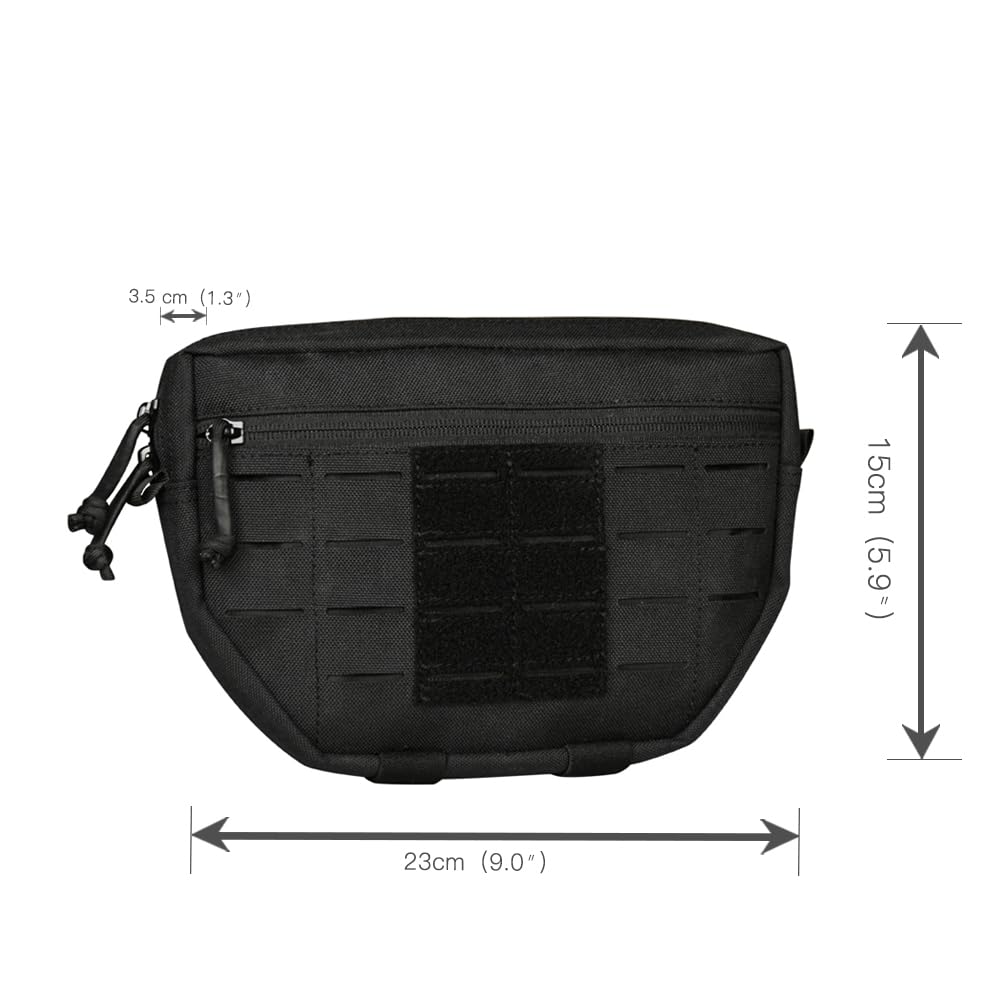 Tactical Pouch Front Pocket with Strap Attach 3 Color Admin Webbing MOLLE System Bag with Double Zipper Dump Pouch with Mesh Pocket Elastic Band Inside 9"×5.9"×1.3" (Black)