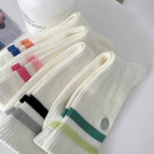 Womens Solid Color Two Stripe Crew Socks Casual Athletic Smiling Face Ankle Socks for women Girls