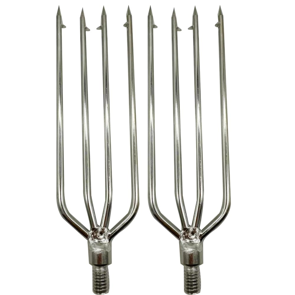 2PCS 3-5 Prong Stainless Steel Fishing Harpoon with Gig Gaff Hook Barb Single Claw 4/ 6mm Thick Fit 8mm/0.31in Fishing Rod Fish Spear Gaffs for Hunting Fish Frog (2pcs-4mm thick 4-Prong Harpoon)