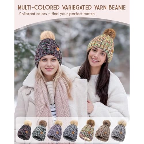 Winuesa Winter Hats for Women with Pom Pom, Womens Beanie Fleece Lined for Cold Weather, Multicolor Ski Skull Cap for Ladies