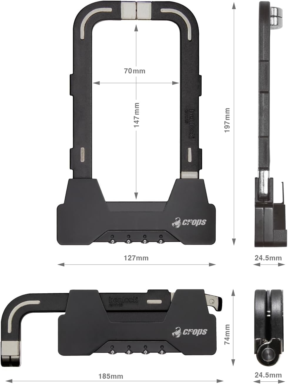 CROPS Bike U Lock, BENLOCK Foldable Black, 9mm Thickness, 4-Digit Resettable Combination Bike Locks Heavy Duty Anti Theft