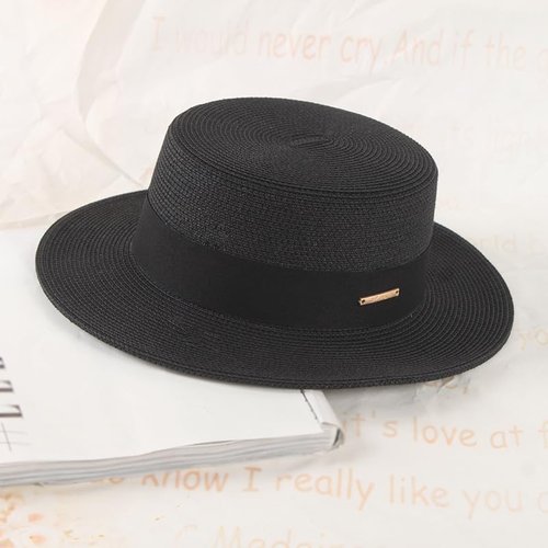 Straw Beach Sun Hat Pork-Pie Boater-Hat for Women Men - Summer Wide Brim Uv-Rays Panama Hat Black