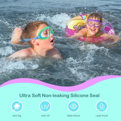 Seago Swim Goggles 2 Pack Anti-Fog Anti-UV Wide View Swimming Goggles for Kids 3-14