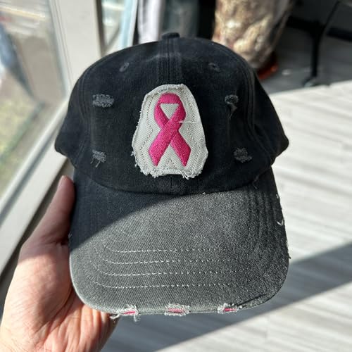 Breast Cancer Awareness Hat Pink Ribbon Patch Distressed Cotton Adjustable Baseball Cap, Breast Cancer Gift for Women