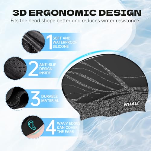 WHALE Extra Large Swim Cap Designed for Men and Women with Thick, Long Hair, Hair Extensions Or Afro-Textured Hair Long-Hair Swim Cap Highly Waterproof to Keep Hair Dry
