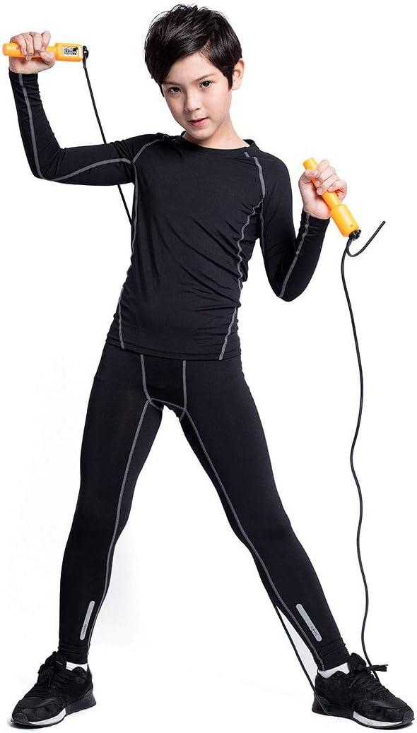 2/3/4 Pcs Boys Girls Base Layer Athletic Compression Leggings and Shirts Thermal Underwear Set Running Pants Tights