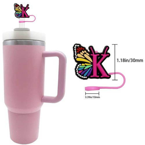 Tovly 10mm Straw Cover Cap for Stanley Cup 40&30 Oz Initial Butterfly Style Straw Topper with personalized Letter Charm Accessories for Stanley Tumbler (K)