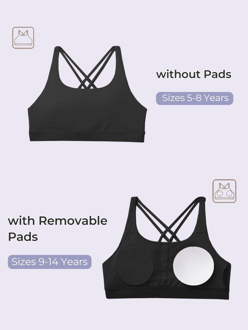 Haloumoning Girls Training Bra Kids Strappy Scoop Neck Bras Yoga Sports Comfort Dance Crop Top 5-14 Years Black