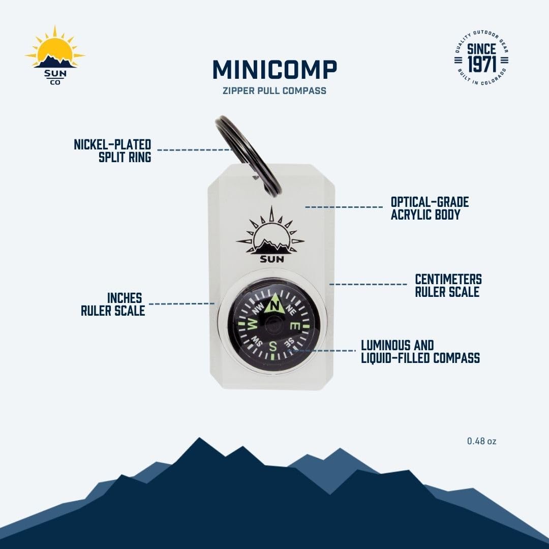MiniComp - Zipperpull Mini Compass with Split Ring | Easy-to-Read Compass for Jacket, Parka, or Pack
