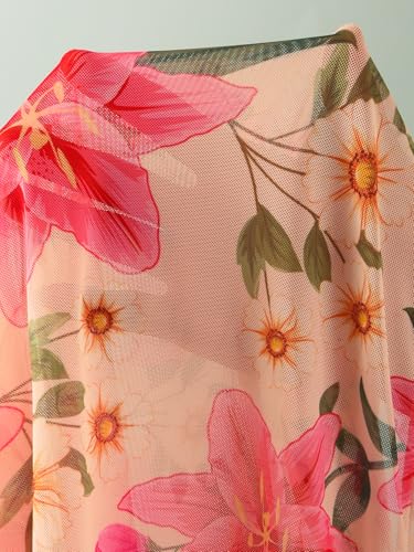Pink Flower V Neck One-Piece Swimsuit with Cover Up Wrap Skirt - Large