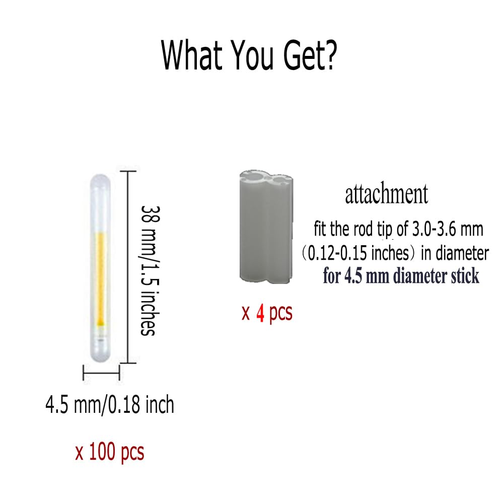 FASPLORE 100 PCS Fishing Glow Sticks for Bobbers Fishing Glow Sticks Rod Tip Glow Sticks for Night Fishing Halloween Glow Stick Decorations Comes with 4 PCS Attachments Clip