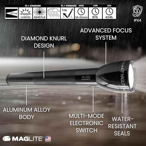 MagLite ML300L 4D LED Flashlight ? 1002 Lumens, Long Runtime, Adjustable Beam, Water-Resistant, Aluminum Body ? Black