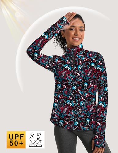 IECCP Long Sleeve Sun Protection Shirt for Women UPF 50+ with 1/4 Zip - Medium Black Boho