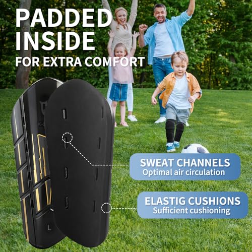 Kids Youth Adults Soccer Shin Guards with Sock Sleeves Black Golden M Size 4'7"-5'3"