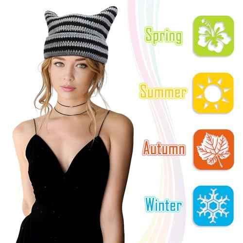Y2K Beanie for Women Crochet Hat with Cat Ear Cute Fox Hat Vintage Grunge Accessories Knit Cap Slouchy Beanie