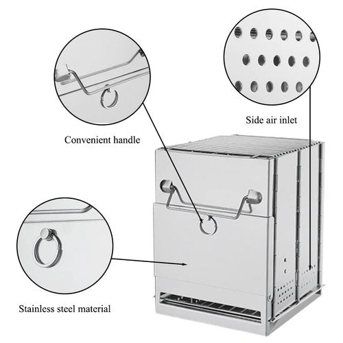 Camping Wood Burning Stove with Grill, Collapsible Backpacking Survival Rocket Stove Stainless Steel Campfire Stove for Outdoor Cooking Picnic Hiking BBQ (Sliver-Small)