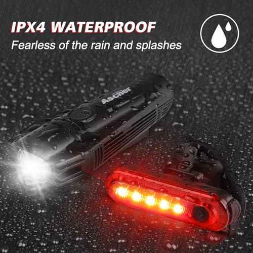 Ascher Ultra Bright USB Rechargeable Bike Light Set, Powerful Bicycle Front Headlight and Back Taillight, 4 Light Modes, Easy to Install for Men Women Kids Road Mountain Cycling Black