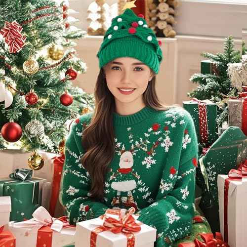 Winter Santa Hat Unisex Christmas Tree Knitted Beanie Hat for Holiday Christmas Women Men Warm