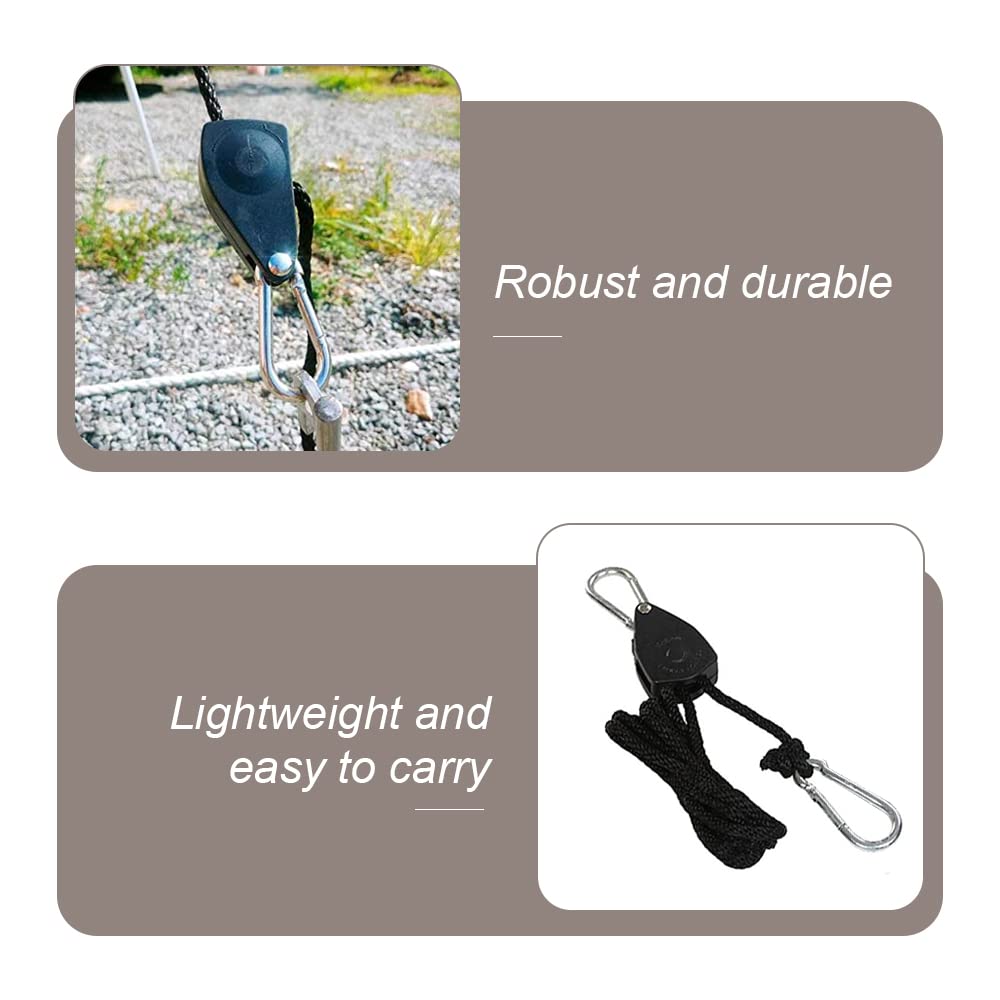 2 Pack 1/8in Heavy Duty Rope Hanger, Ttdesefu Adjustable Ratchet Plant Light Slings Buckle Tent Canopy Rope Stop Buckle Tent Guy Ropes with Pulley for Outdoor Camping Hiking(150 LB Capacity per Pair)