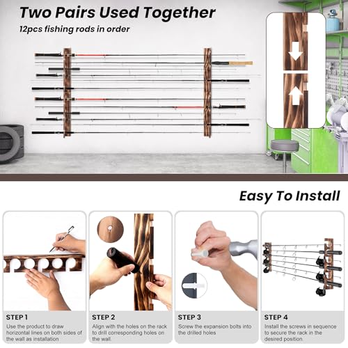 Wooden Fishing Rod Holder Wall & Ceiling Mount - Holds Up to 6 Rods, Tackle Storage Organization